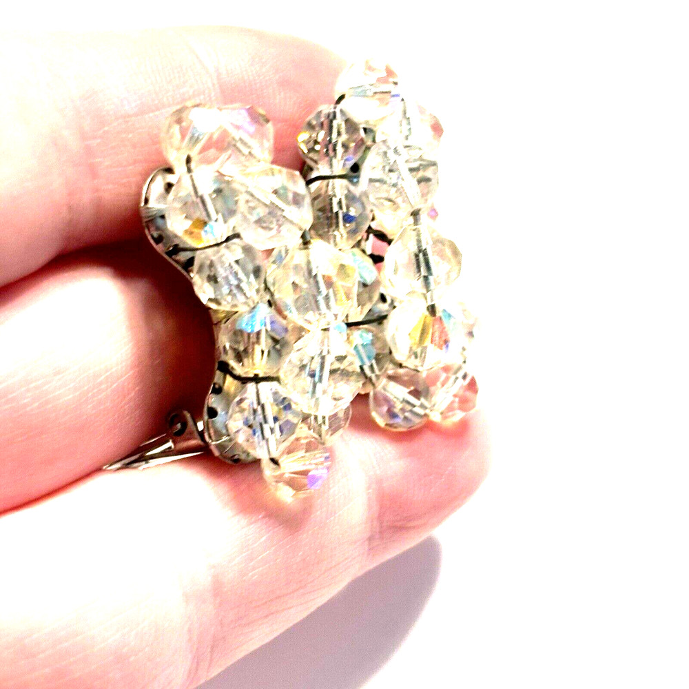 Vintage Mid Century Clear Crystal Clip On Earrings Silvertone Crescents Glam - Picture 6 of 8